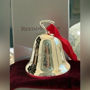 Reed & Barton Silver Holiday Bell Ornament with Red Ribbon